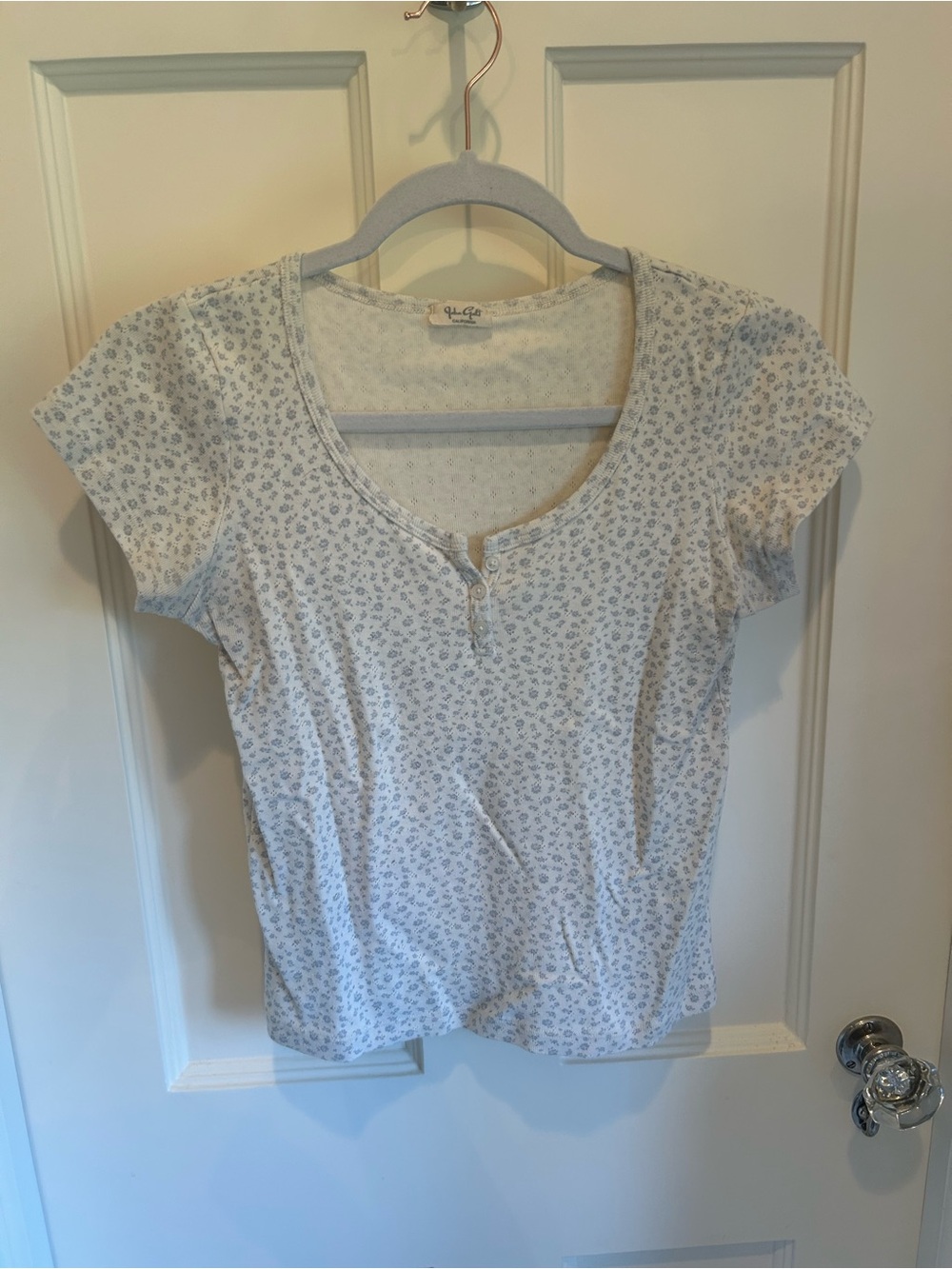 Brandy Melville John Galt White Tee with Light Blue Floral Print